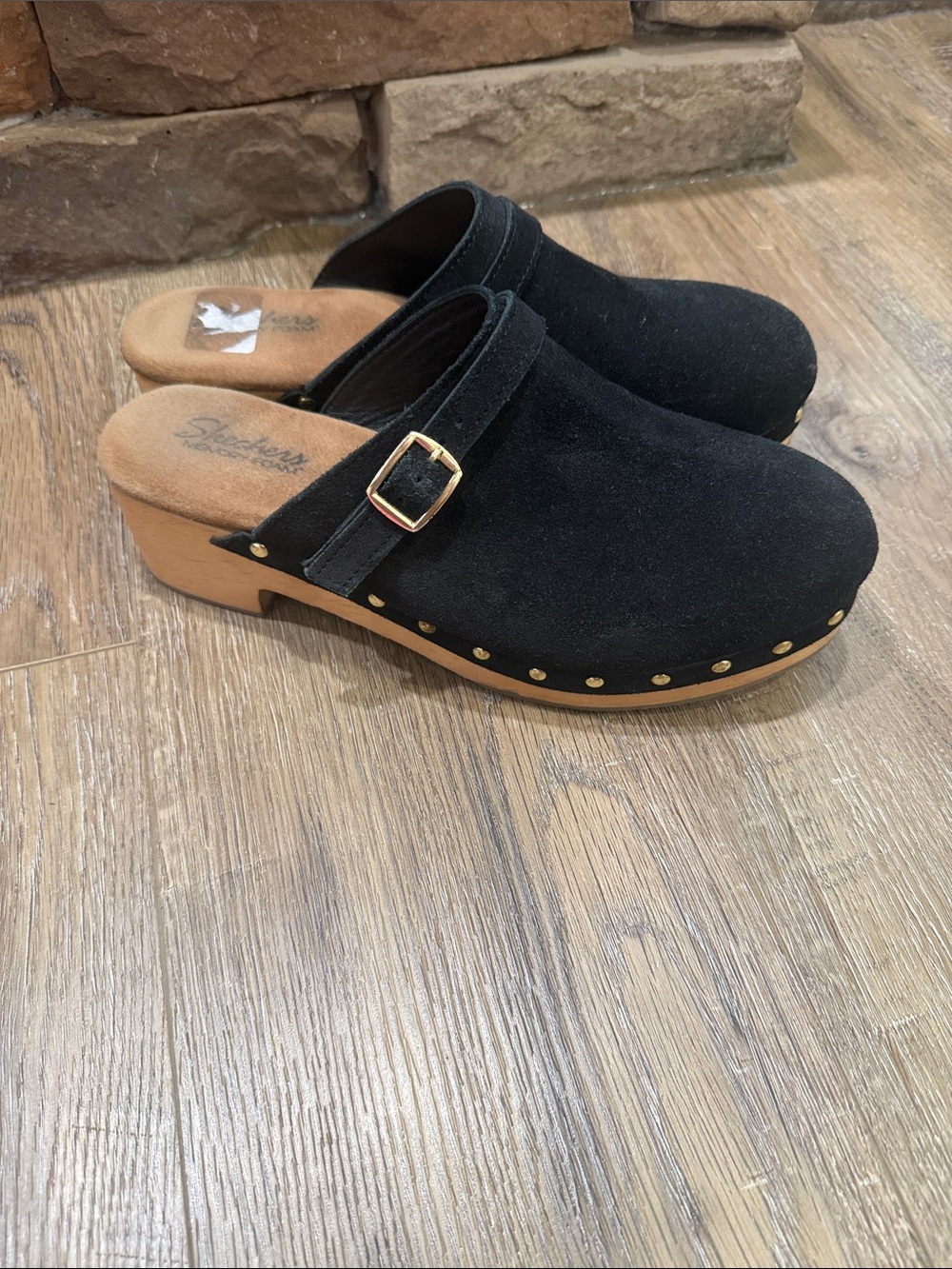 Skechers, Black Suede Clog Mules with Buckle Size 9